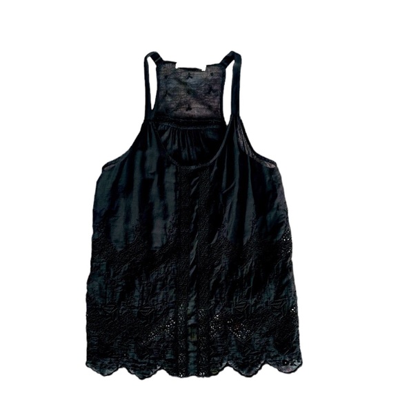 Burning Torch Sleeveless Upcycled Black Mesh & Cotton Eyelet Embroidered Blouse - Picture 2 of 9